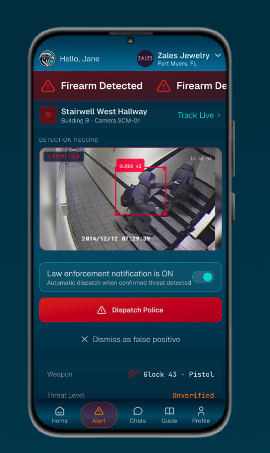 Hawkeye mobile app showing a firearm detection alert with a Dispatch Police option