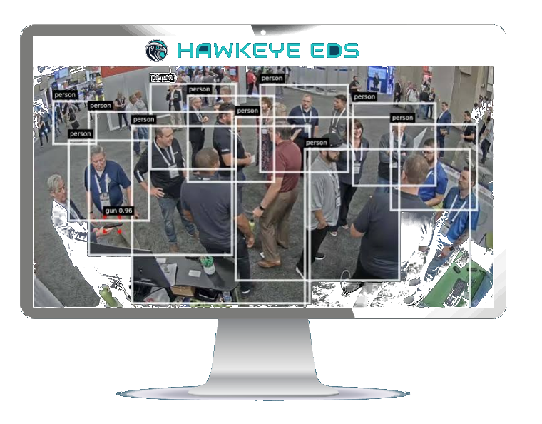 Hawkeye EDS software detecting people and a weapon in a live security camera feed